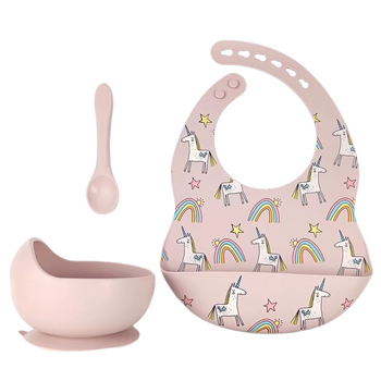 Silicone Baby Feeding Set 3pcs - Dusty Pink Unicorns freeshipping - -Teeny Cherubs-