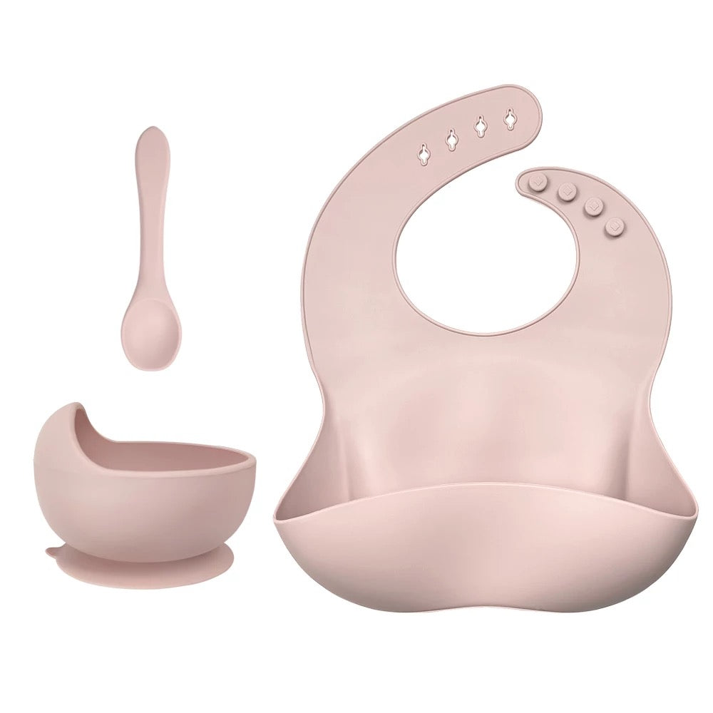 Silicone Baby Toddler Feeding Set 3pcs Bib Bowl Spoon - Dusty Pink