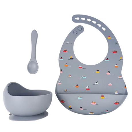 Silicone Baby Feeding Set 3pcs - Grey Boats freeshipping - -Teeny Cherubs-