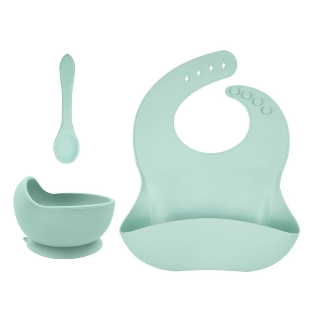 Silicone Baby Toddler Feeding Set 3pcs Bib Bowl Spoon - Light Blue