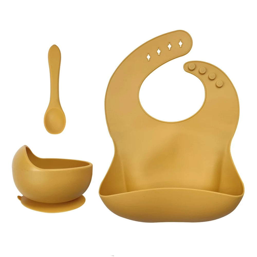 Silicone Baby Toddler Feeding Set 3pcs Bib Bowl Spoon - Mustard