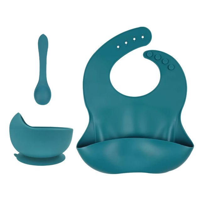 Silicone Baby Toddler Feeding Set 3pcs Bib Bowl Spoon - Ocean Blue