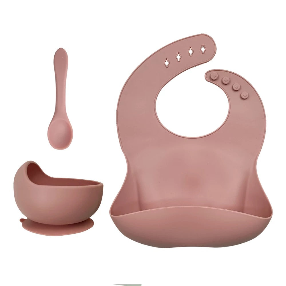 Silicone Baby Toddler Feeding Set 3pcs Bib Bowl Spoon - Powder Rose