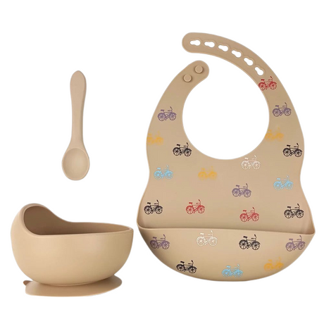 Silicone Baby Feeding Set 3pcs - Taupe Bicycles freeshipping - -Teeny Cherubs-