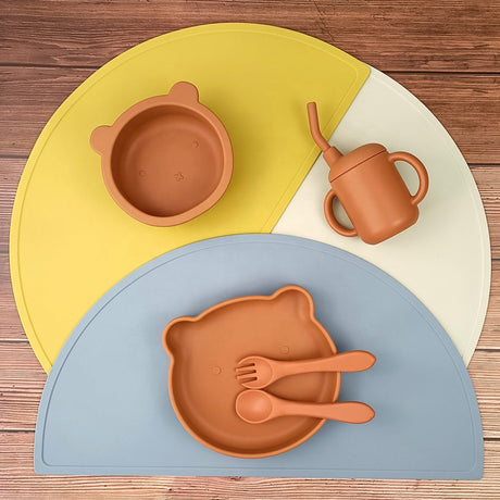 Three non-slip silicone placemats with bowl plate straw cup baby toddler