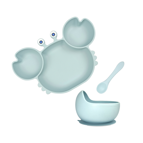 Silicone Baby Feeding Crab Set 3pcs - Light Blue Suction Bowl Plate