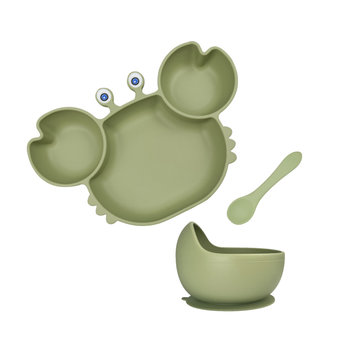 Silicone Baby Feeding Crab Set 3pcs - Matcha Green Suction Bowl Plate