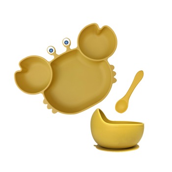 Silicone Baby Feeding Crab Set 3pcs - Mustard Suction Bowl Plate