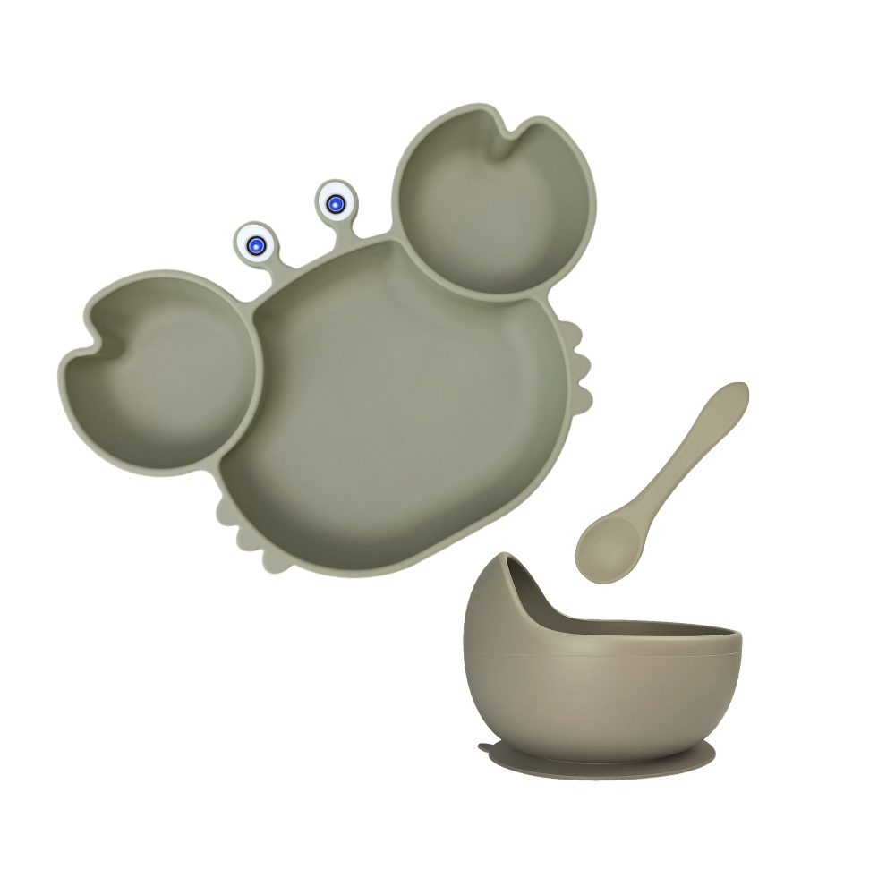 Silicone Baby Feeding Crab Set 3pcs - Sage Suction Bowl Plate