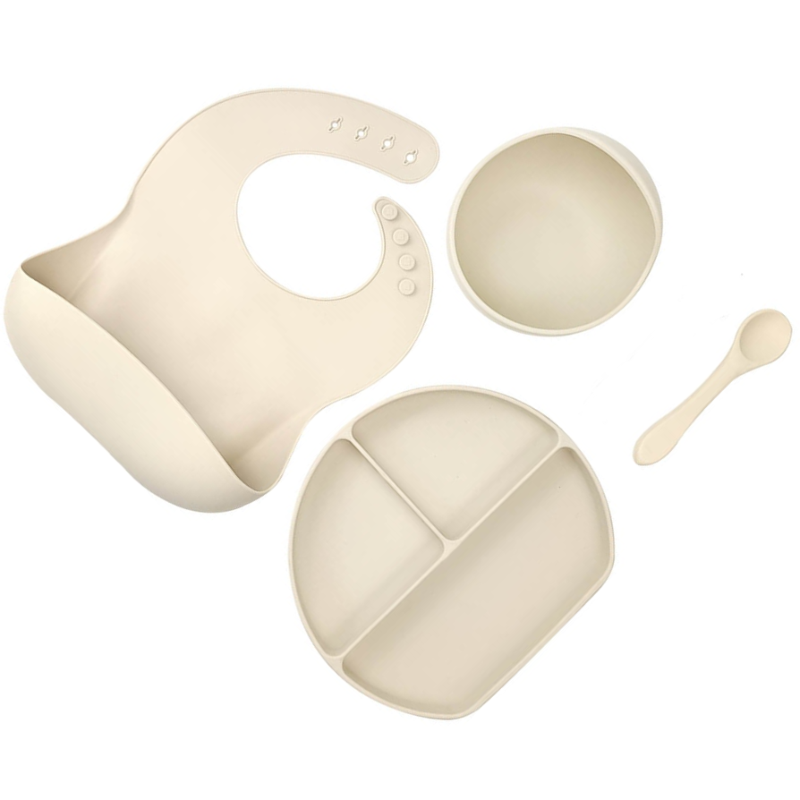 Silicone Baby Feeding Set 4pcs Bib Suction Bowl Spoon Plate - Beige