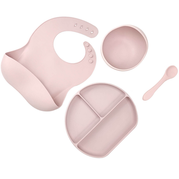 Silicone Baby Feeding Set 4pcs Bib Suction Bowl Spoon Plate  - Dusty Pink