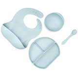 Silicone Baby Feeding Set 4pcs Bib Suction Bowl Spoon Plate - Light Blue