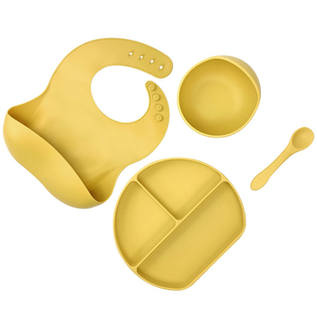 Silicone Baby Feeding Set 4pcs Bib Suction Bowl Spoon Plate - Mustard