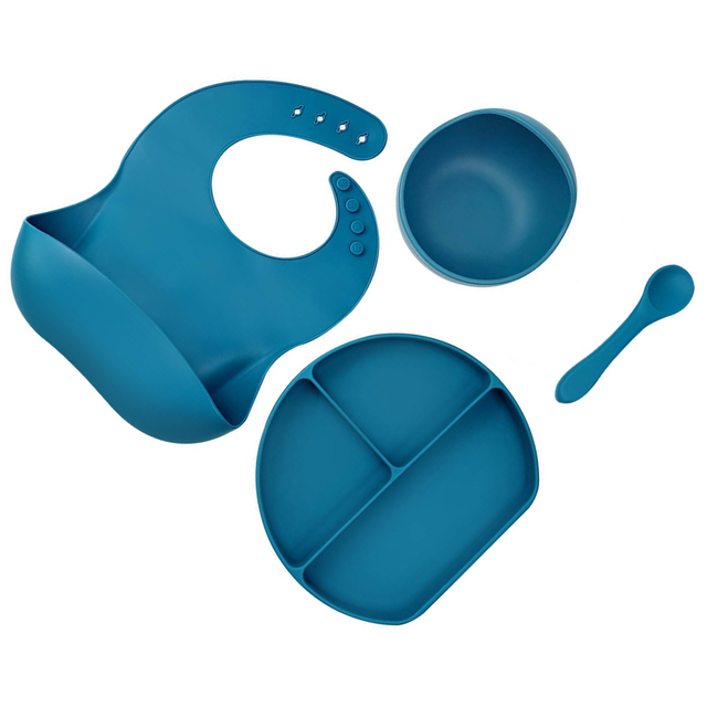 Silicone Baby Feeding Set 4pcs Bib Suction Bowl Spoon Plate - Ocean Blue