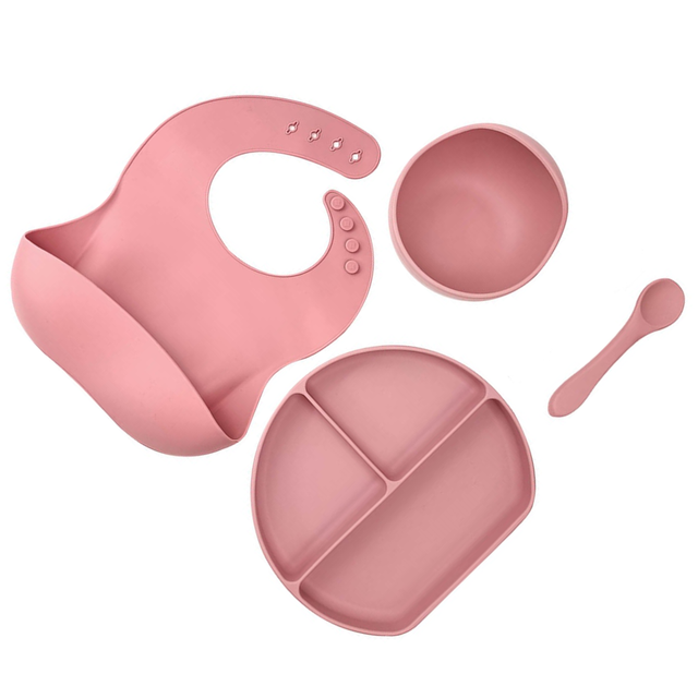 Silicone Baby Feeding Set 4pcs Bib Suction Bowl Spoon Plate - Powder Rose