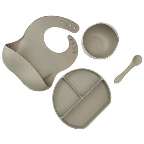 Silicone Baby Feeding Set 4pcs Bib Suction Bowl Spoon Plate - Sage