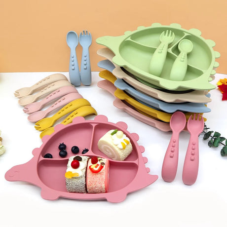 Silicone Baby Toddler Feeding Dinosaur Dino Set 4pcs - Beige