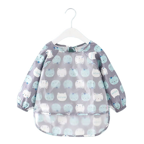 Teeny Baby Toddler Long Sleeve Feeding Apron Smock Bib - Blue Kitty