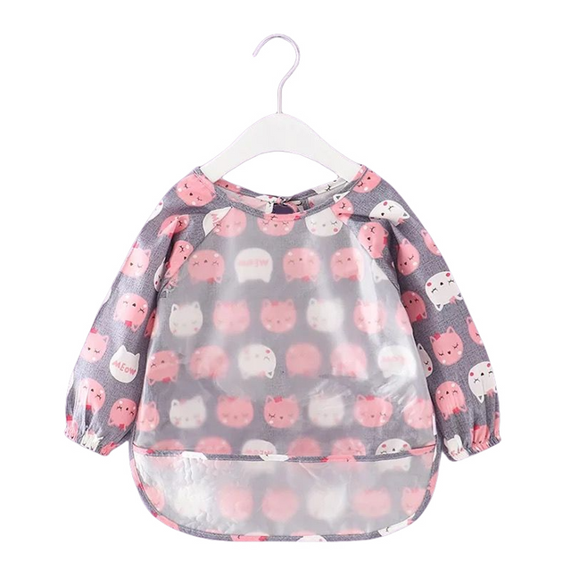 Teeny Baby Toddler Long Sleeve Feeding Apron Smock Bib - Pink Kitty