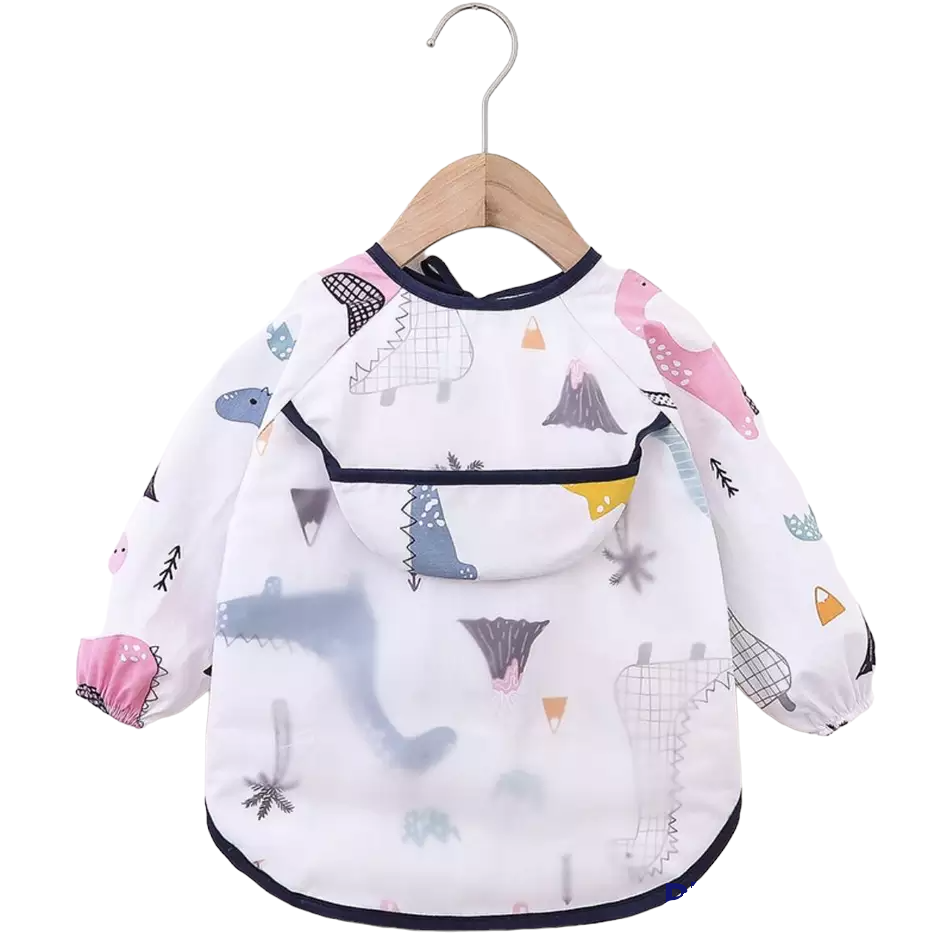 Teeny Baby Toddler Long Sleeve Apron Smock Bib - White Dinosaurs