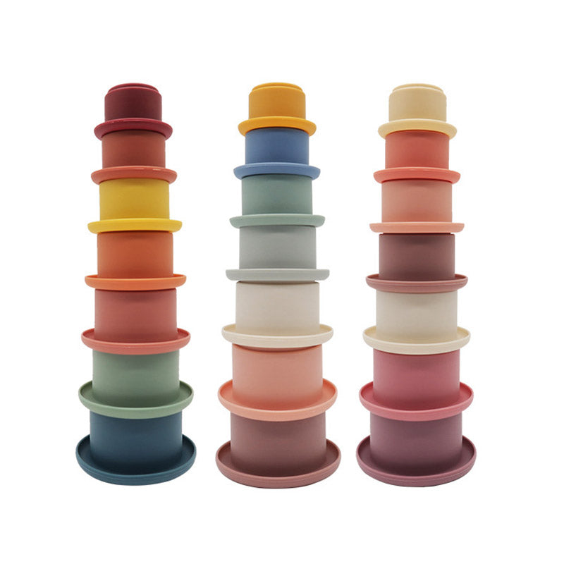 Montessori Silicone Stacking Cups Three Colour Options Displayed