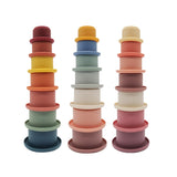 Montessori Silicone Stacking Cups Three Colour Options Displayed